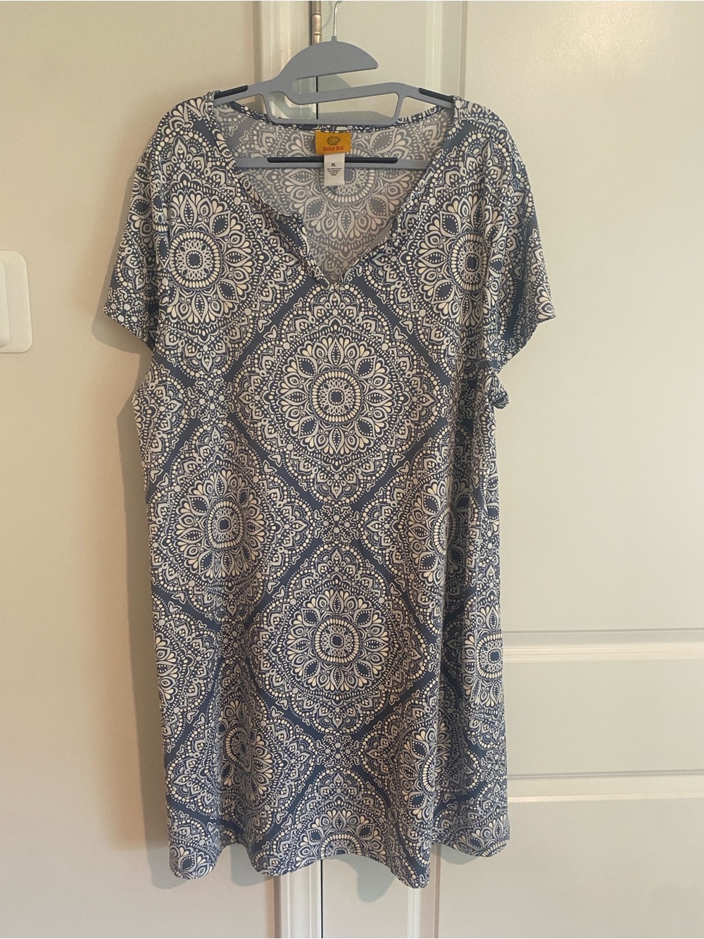 Ruby Rd. Blue and White Printed V-Neck textured dress